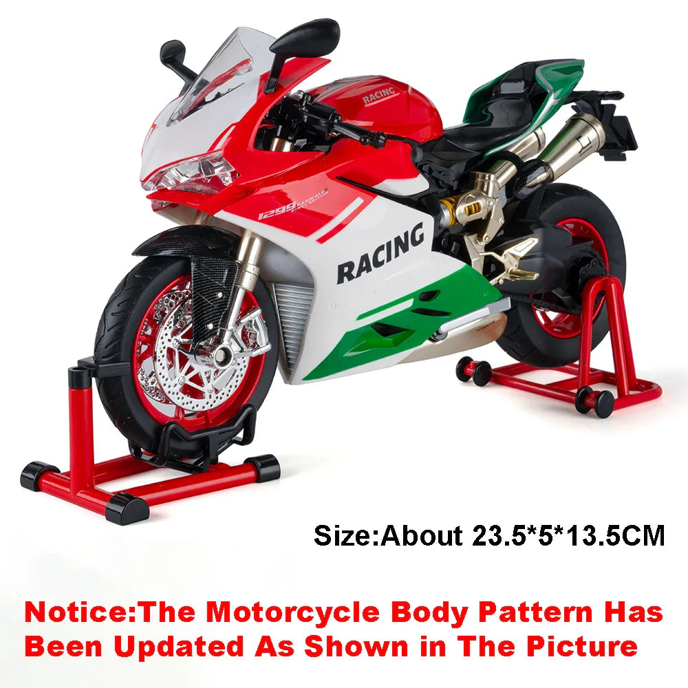1:9 1299 Motorcycles Car Toy Alloy Diecast Model Rubber Tires with Light Music Spray Miniature Vehicle Kids Children's Day Gifts