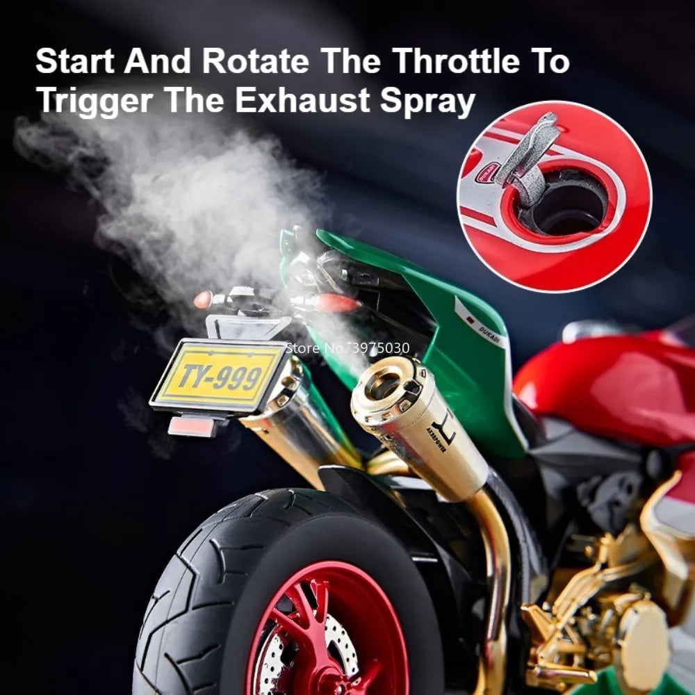 1:9 1299 Motorcycles Car Toy Alloy Diecast Model Rubber Tires with Light Music Spray Miniature Vehicle Kids Children's Day Gifts