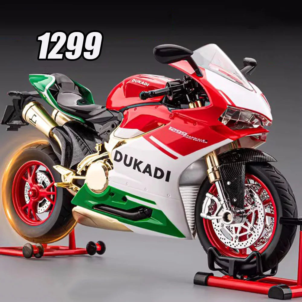 1:9 1299 Motorcycles Car Toy Alloy Diecast Model Rubber Tires with Light Music Spray Miniature Vehicle Kids Children's Day Gifts